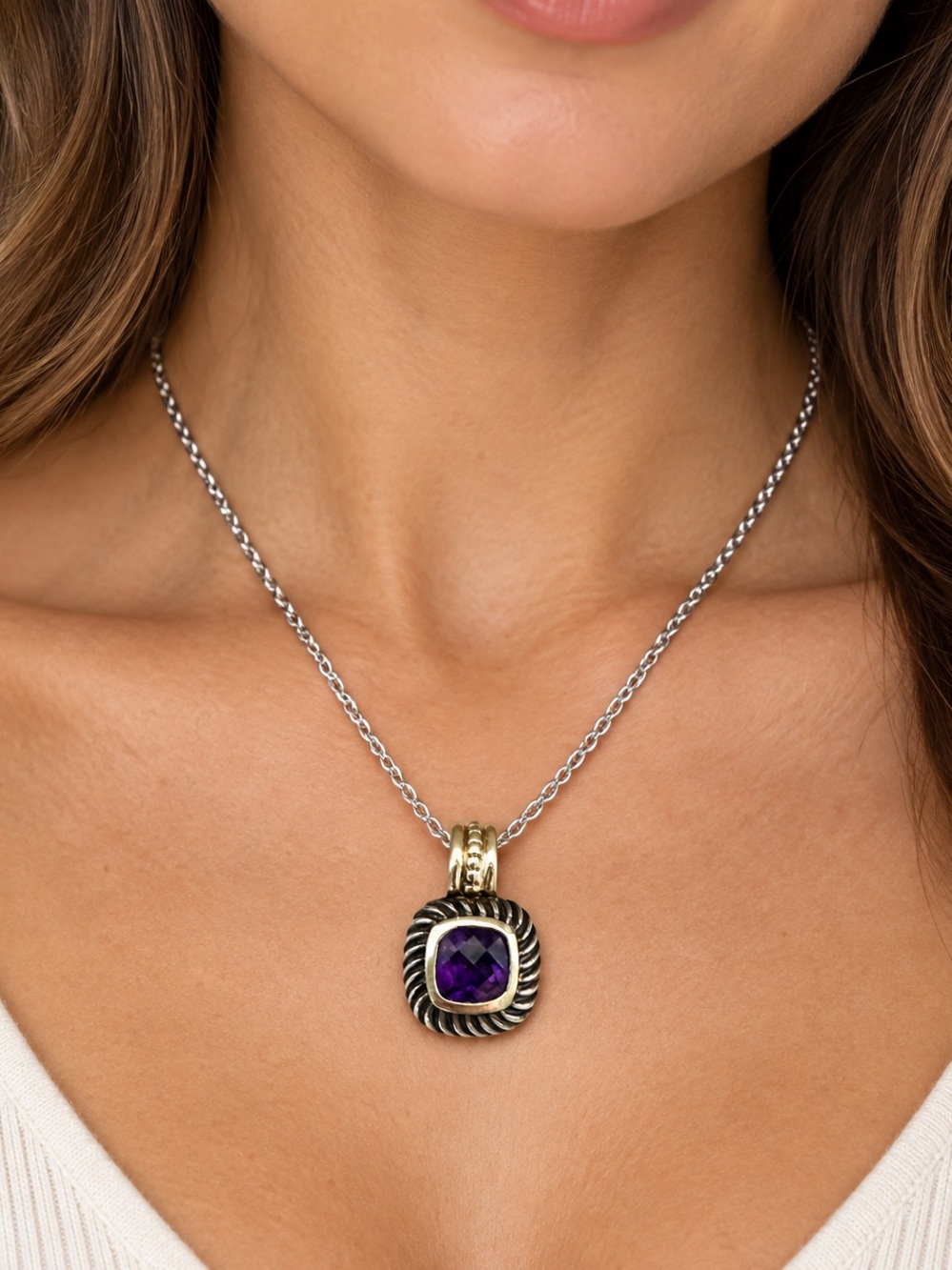 David Yurman Sterling Silver, 14 k
Gold Amethyst Albion Pendant
 Enhancer